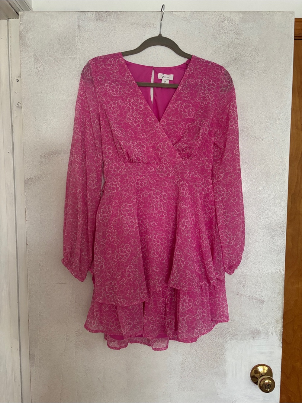 Emma & Sam Hot Pink Floral Wrap Tiered Long Sleeve Dress